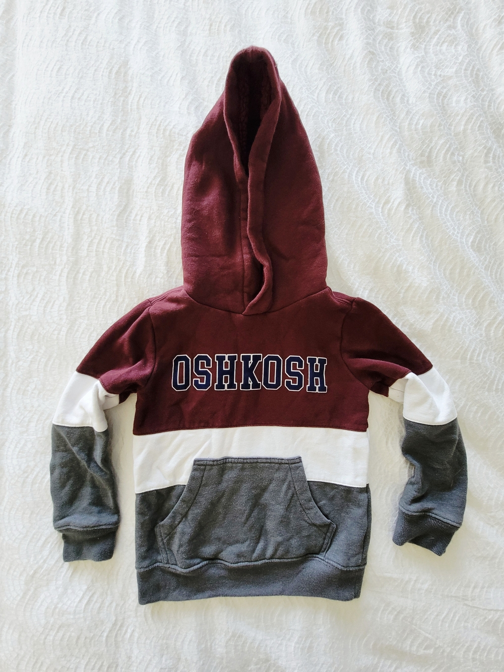 OshKosh Boys Size 6 Hooded Fleece Sherpa Lined Pullover - Burgundy, White & Gray